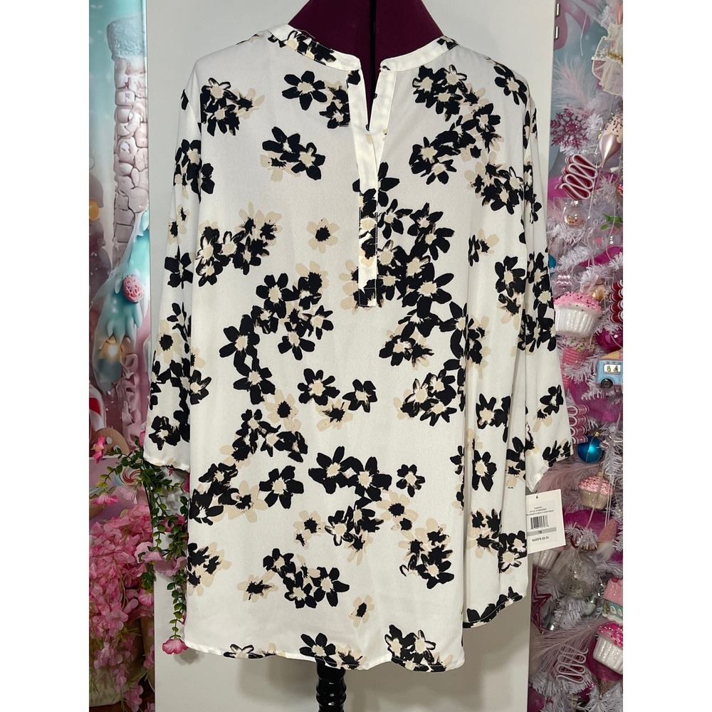 Ellen Tracy Floral Blouse Womens 1X NWT Split Neck 3/4 Sleeve ETWH63059T